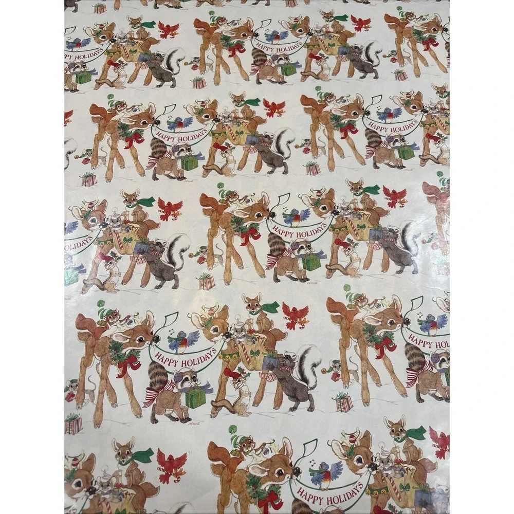 9 VTG LK‎ Powell Woodland Animals Happy Holidays Wrapping Paper gift wrap READ